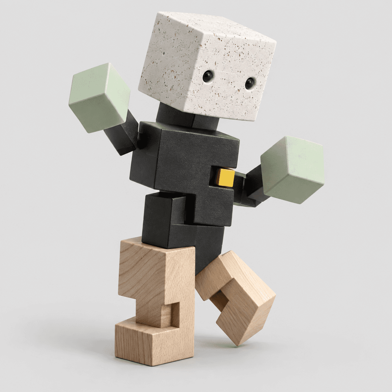 A dancing robot sculpture assembled from ceramic, wood, and mint green blocks